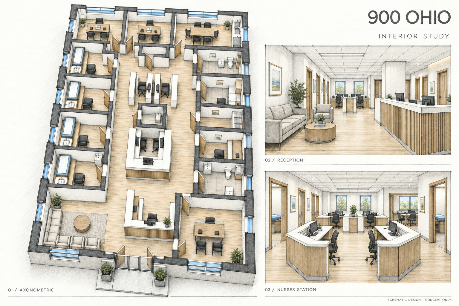 900 Ohio interior study sketch: axonometric plan, reception, and nurses station